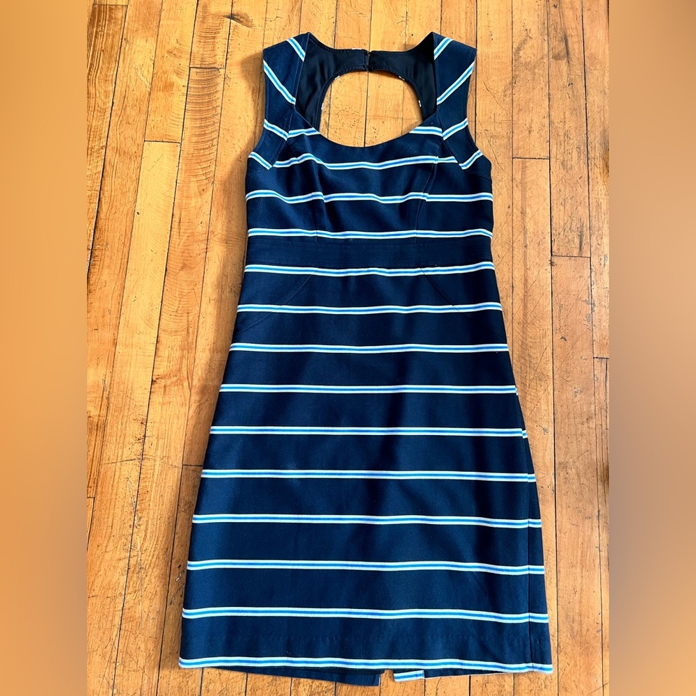 Anne Taylor Navy Striped Sheath Dress with Keyhole Back - Size 2